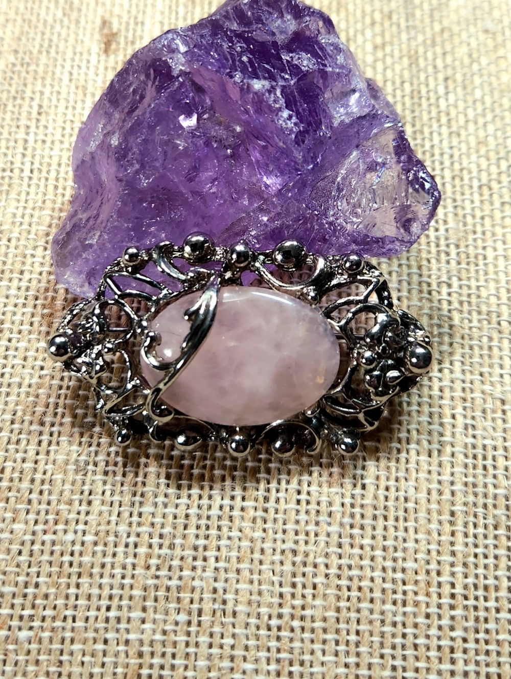 Silver Ornate Ring with Pink Rose Quartz Center